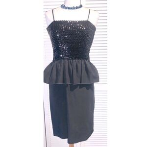 Vintage Sequins Peplum Midi Black Dress Size 3/4